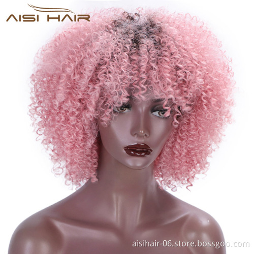 Aisi Hair Short Kinky Fluffy  Ombre Pink Wig Heat Resistant Synthetic Fiber Afro Curly Wigs For Black Women Cosplay Party Wigs